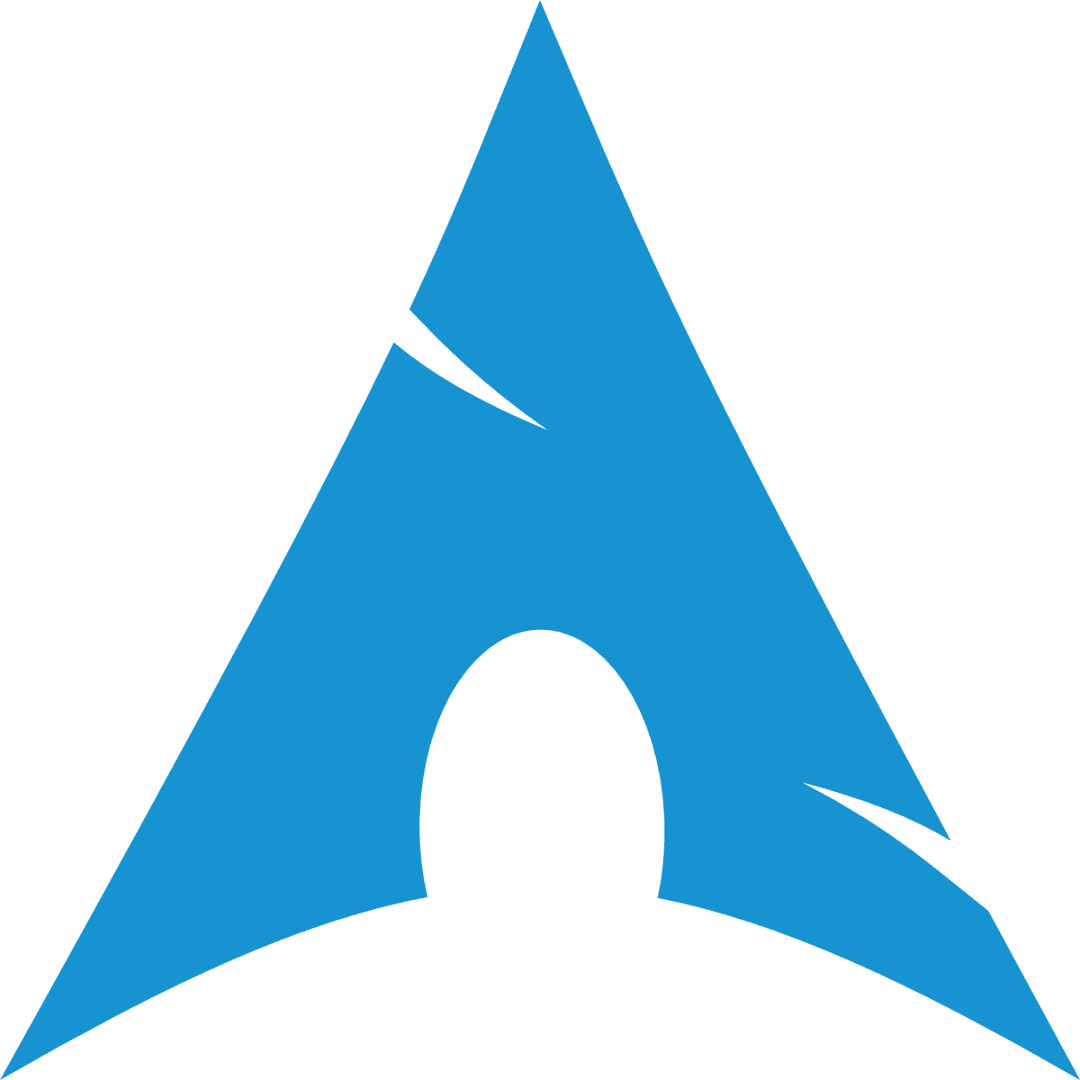 Arch Linux logo featuring a minimalist blue and white geometric stylized A shape on a transparent background.