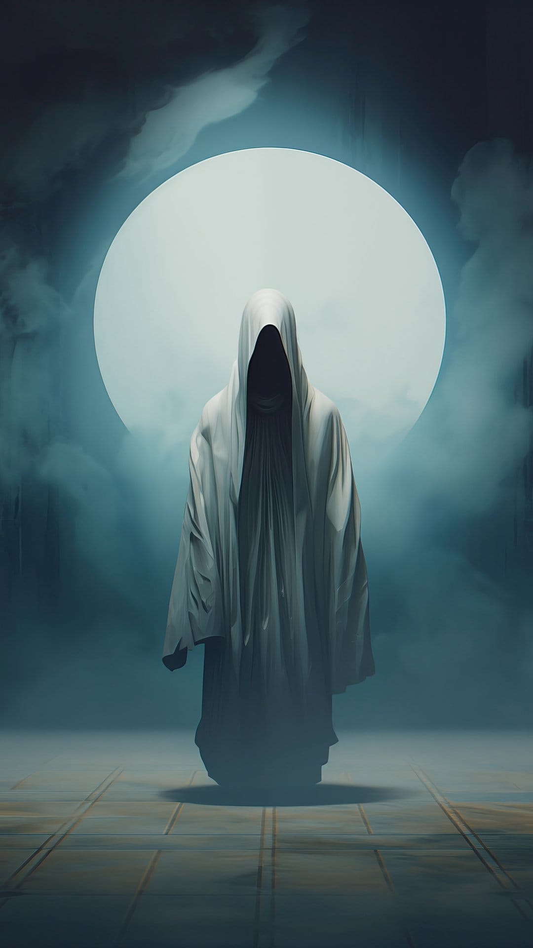 Hooded figure in white robes stands on a tiled floor before a massive glowing moon enveloped in thick fog.