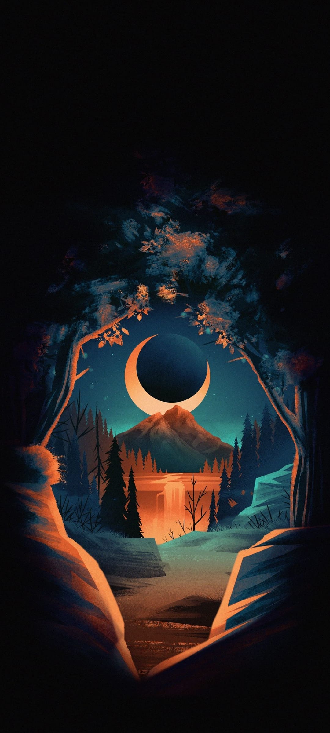 Radiant orange waterfall flows from a dark mountain peak under a silver crescent moon and starry night sky.