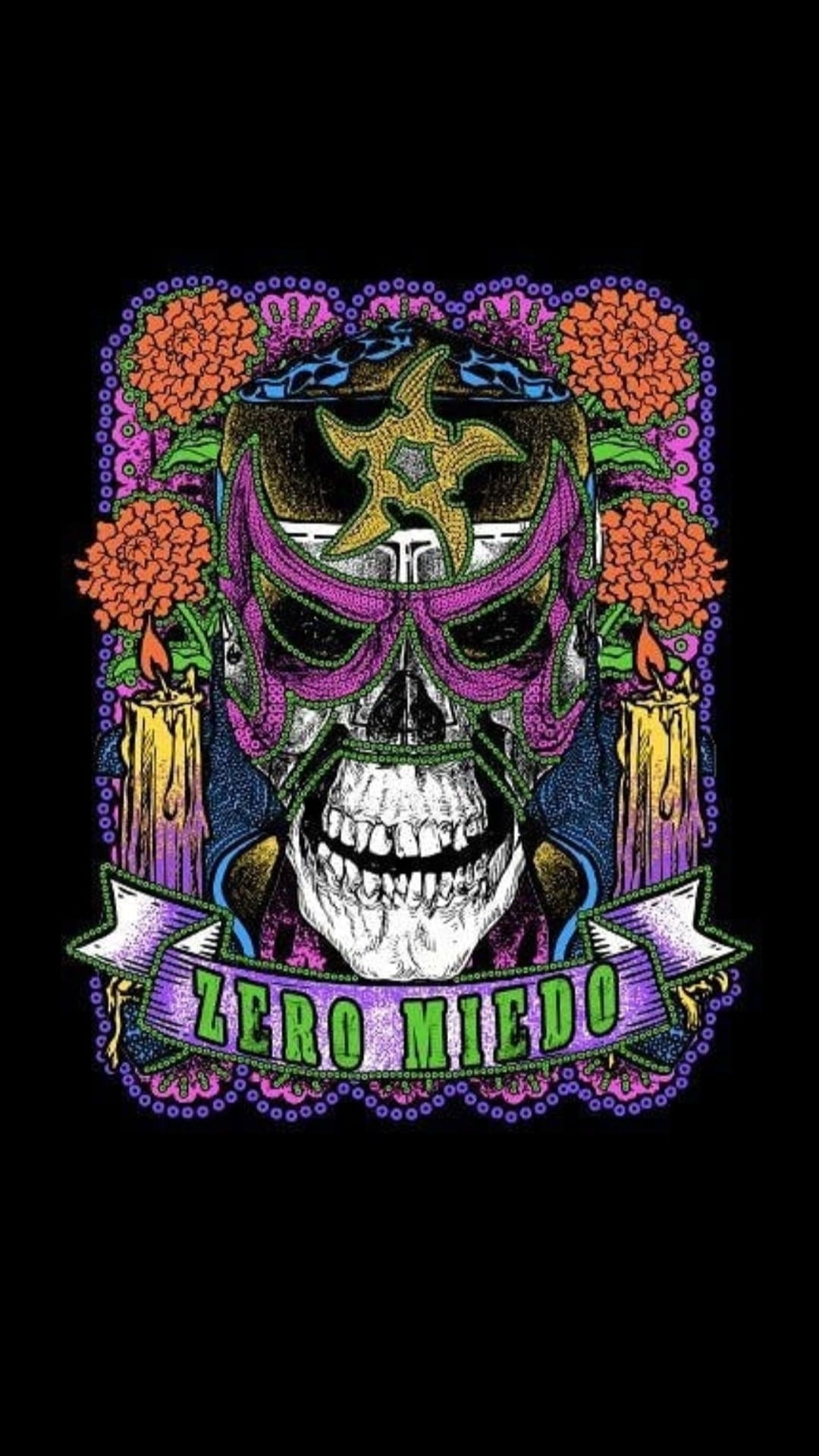 Skull wearing a decorative lucha libre mask surrounded by orange marigolds and flickering ritual candles.