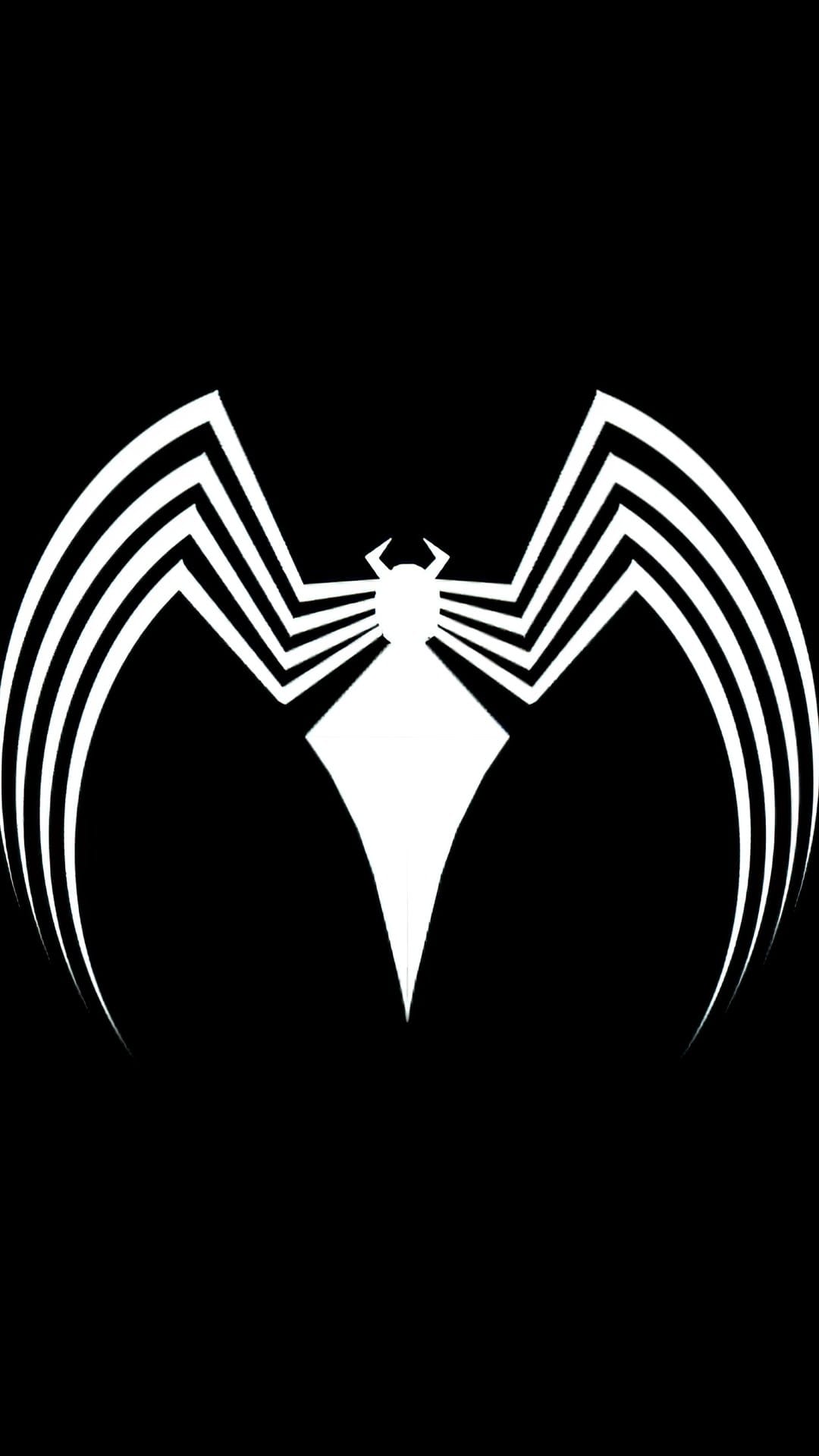 White Venom spider logo with sharp angular legs centered on a solid black background for mobile phone screens.