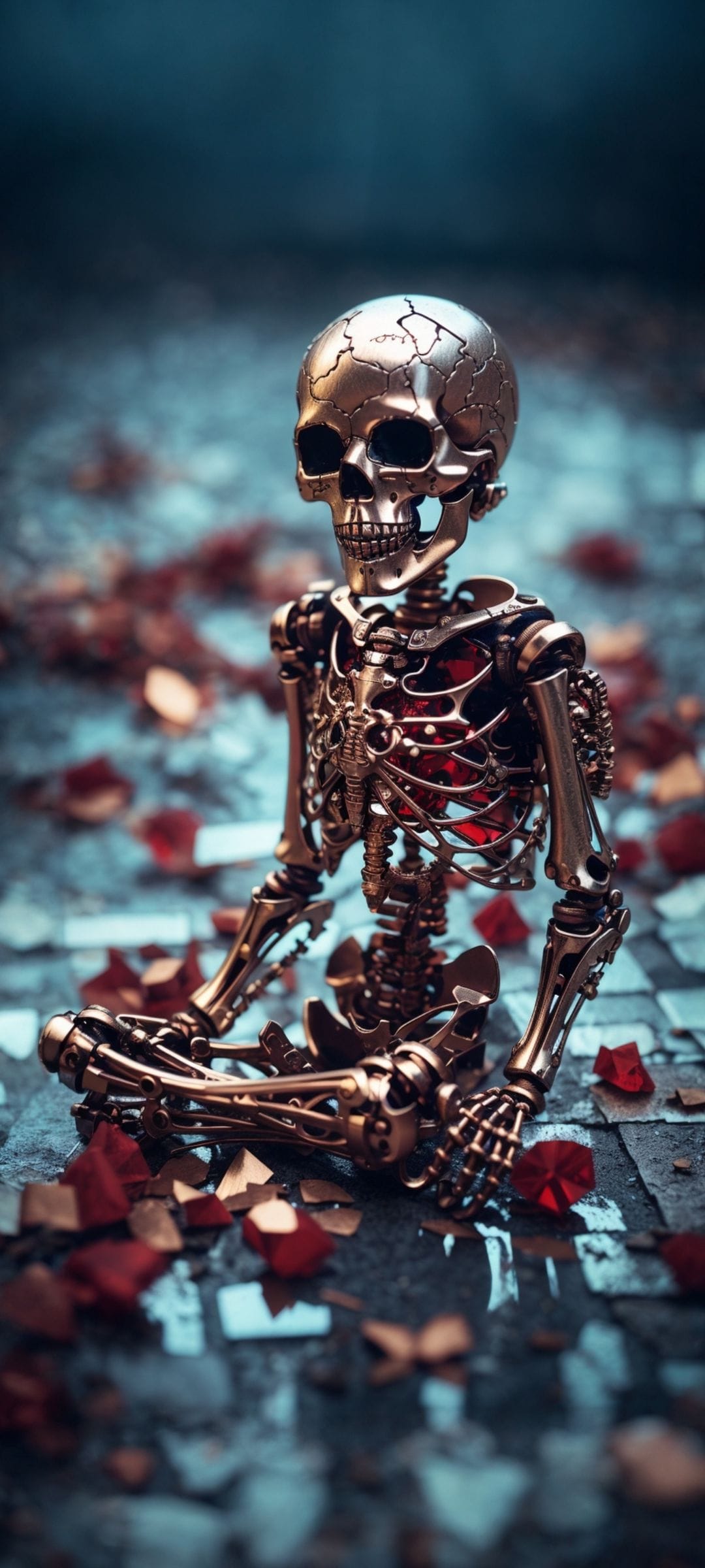 Golden mechanical skeleton with a ruby heart rests on dried autumn leaves against a dark, blurry backdrop.