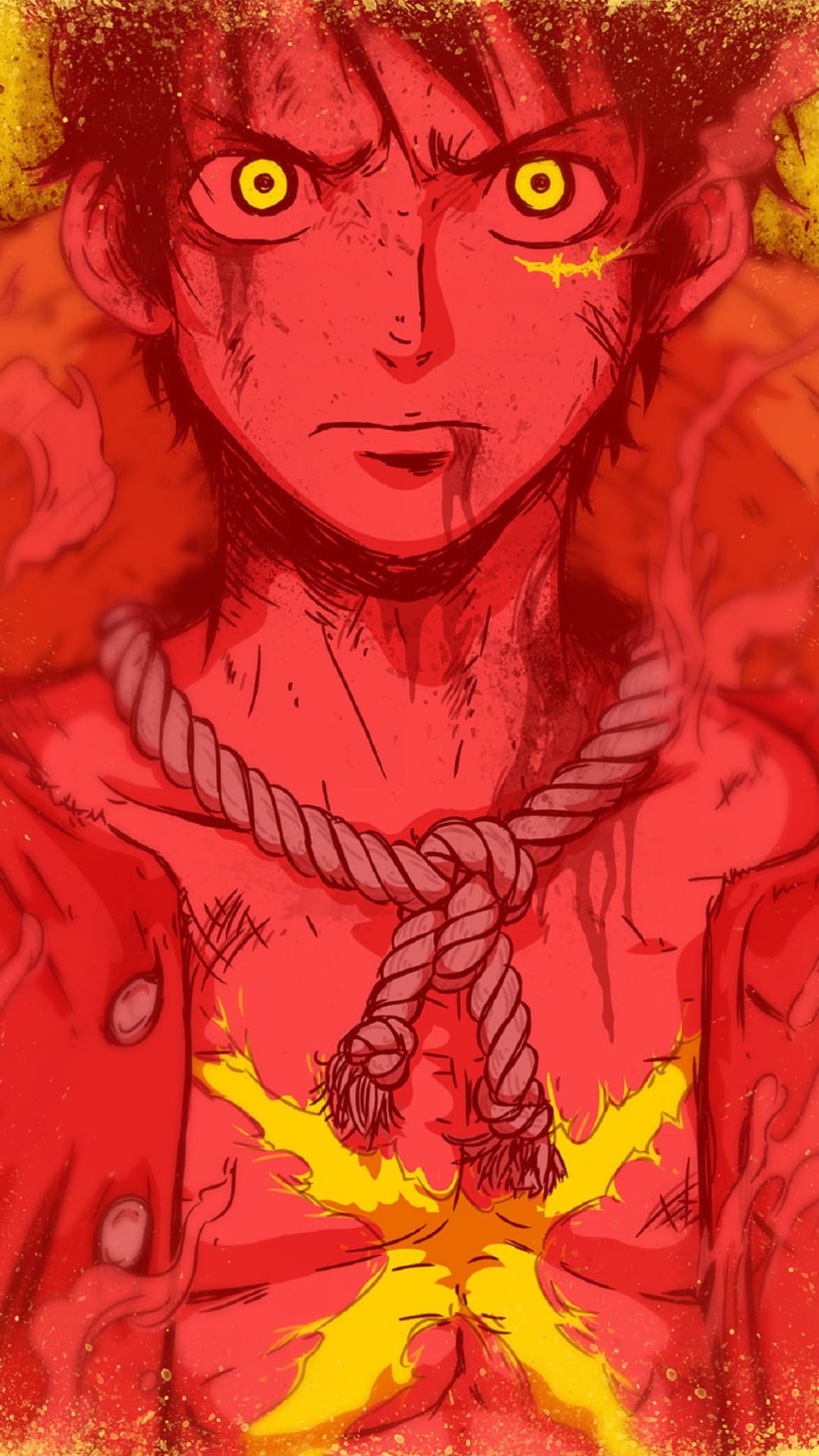 Monkey D. Luffy with glowing eyes and white hair surrounded by red and yellow energy during his Gear 5 state.