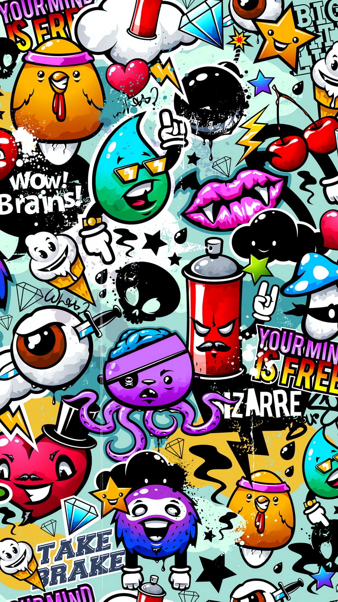 Chicken and octopus characters mix with floating eyeballs and spray cans in a colorful graffiti mural.