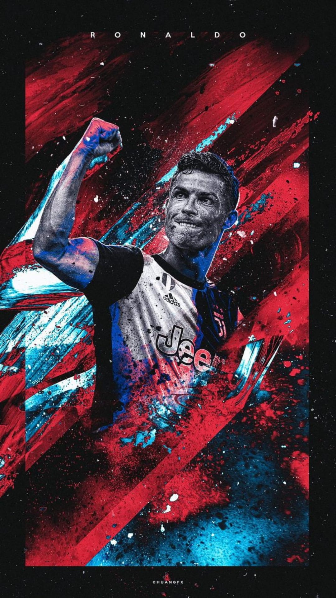 Cristiano Ronaldo in a striped Juventus kit amidst vibrant paint splashes against a dark cosmic background.