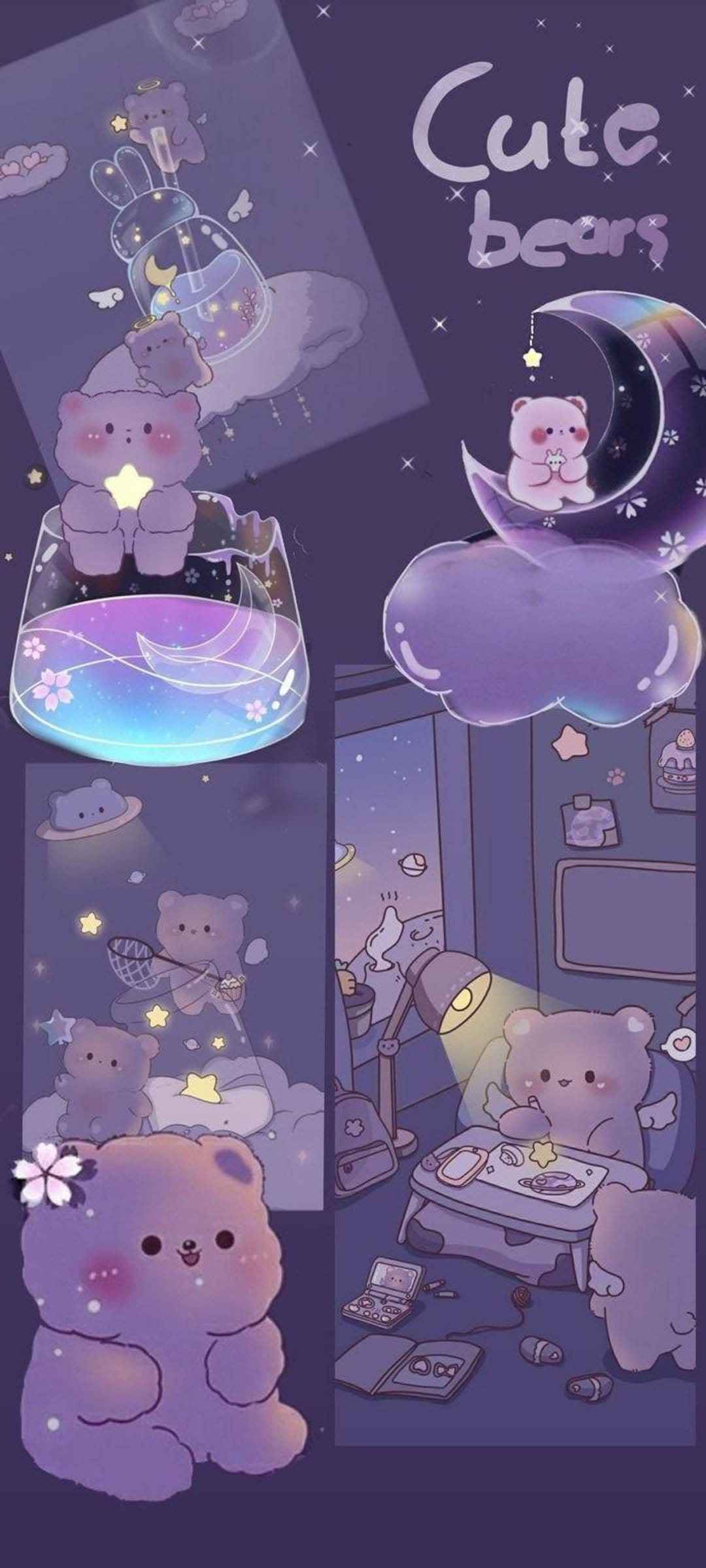 Purple bears lounge on a crescent moon and inside a glowing jar amidst a starry night sky with twinkling stars.