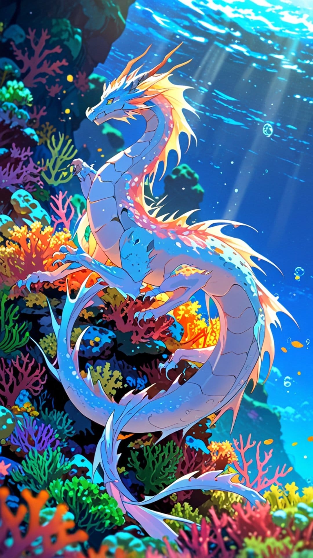 Blue sea dragon with white fins swimming past colorful coral reefs as sunlight beams through deep ocean water.