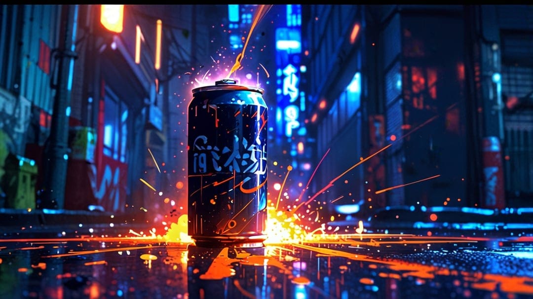 Soda can emitting bright orange sparks on a wet city street illuminated by neon blue and purple lights at night.