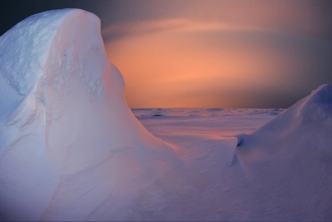 Wind-carved snow drifts on a frozen arctic plain glow with orange and pink light under a soft twilight sky.