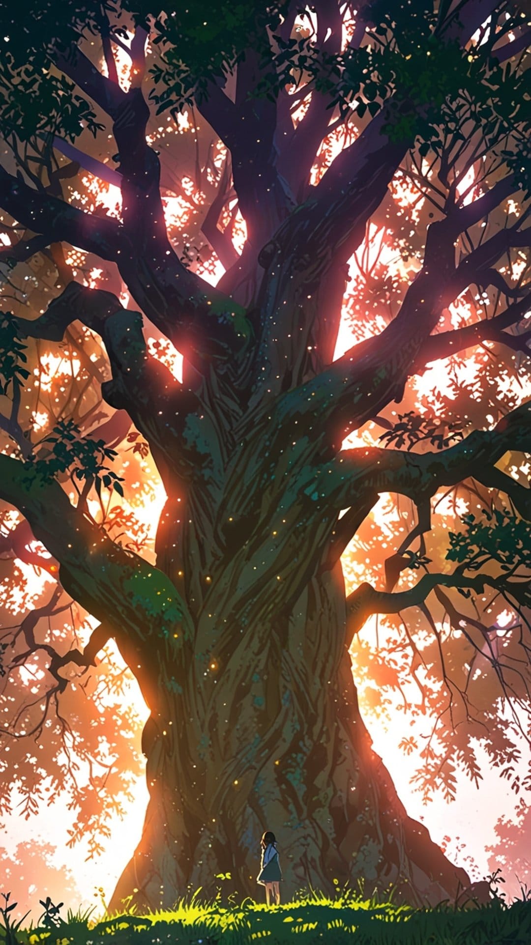 Lone girl looking up at a giant ancient tree surrounded by glowing embers under a warm orange sunset sky.