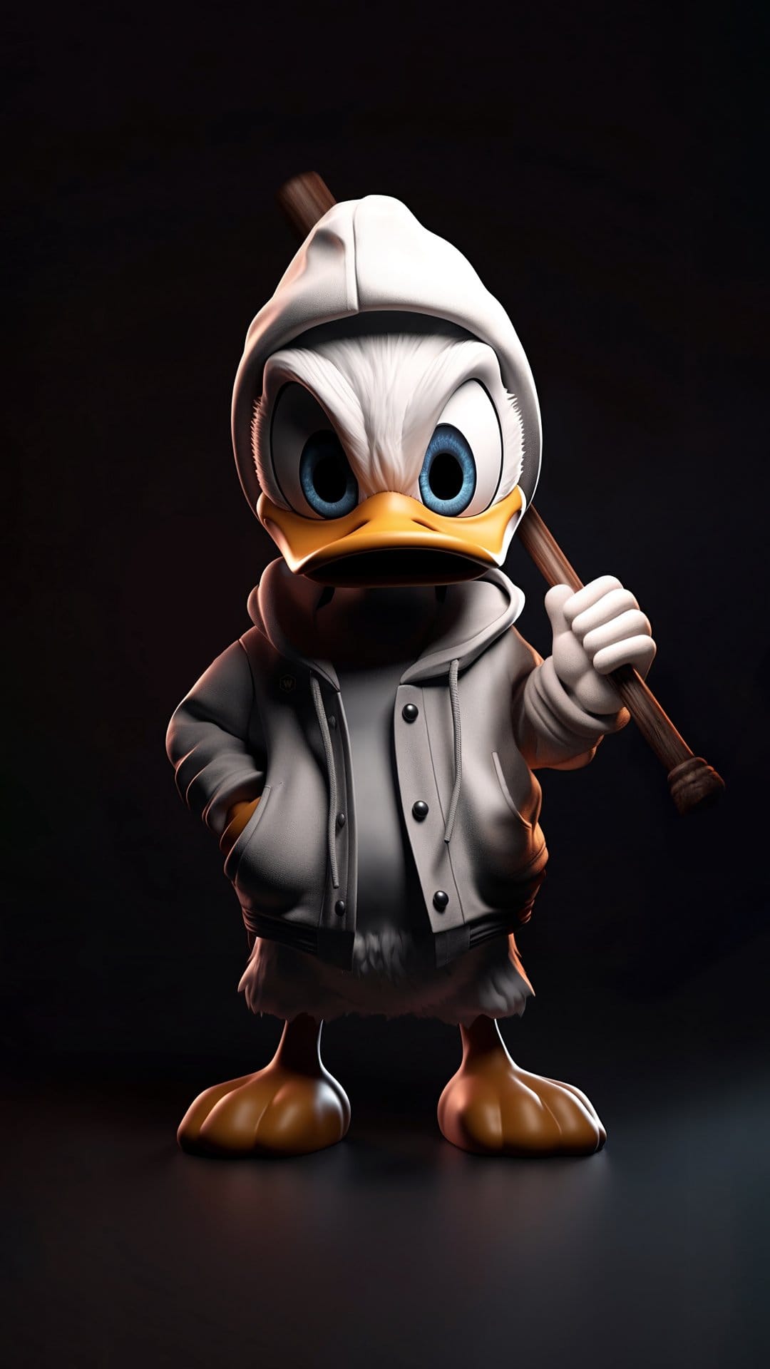 Donald Duck wearing a white hoodie and holding a baseball bat with a grumpy expression against a dark background.