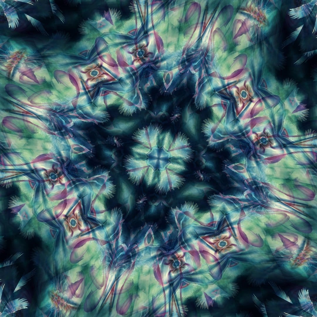 Teal and purple mandala with floral motifs and star-like accents forms a symmetrical, swirling geometric pattern.