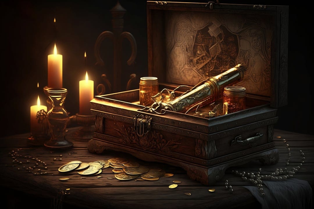 Wooden treasure chest filled with a brass spyglass and gold coins, illuminated by three glowing candles on a table.