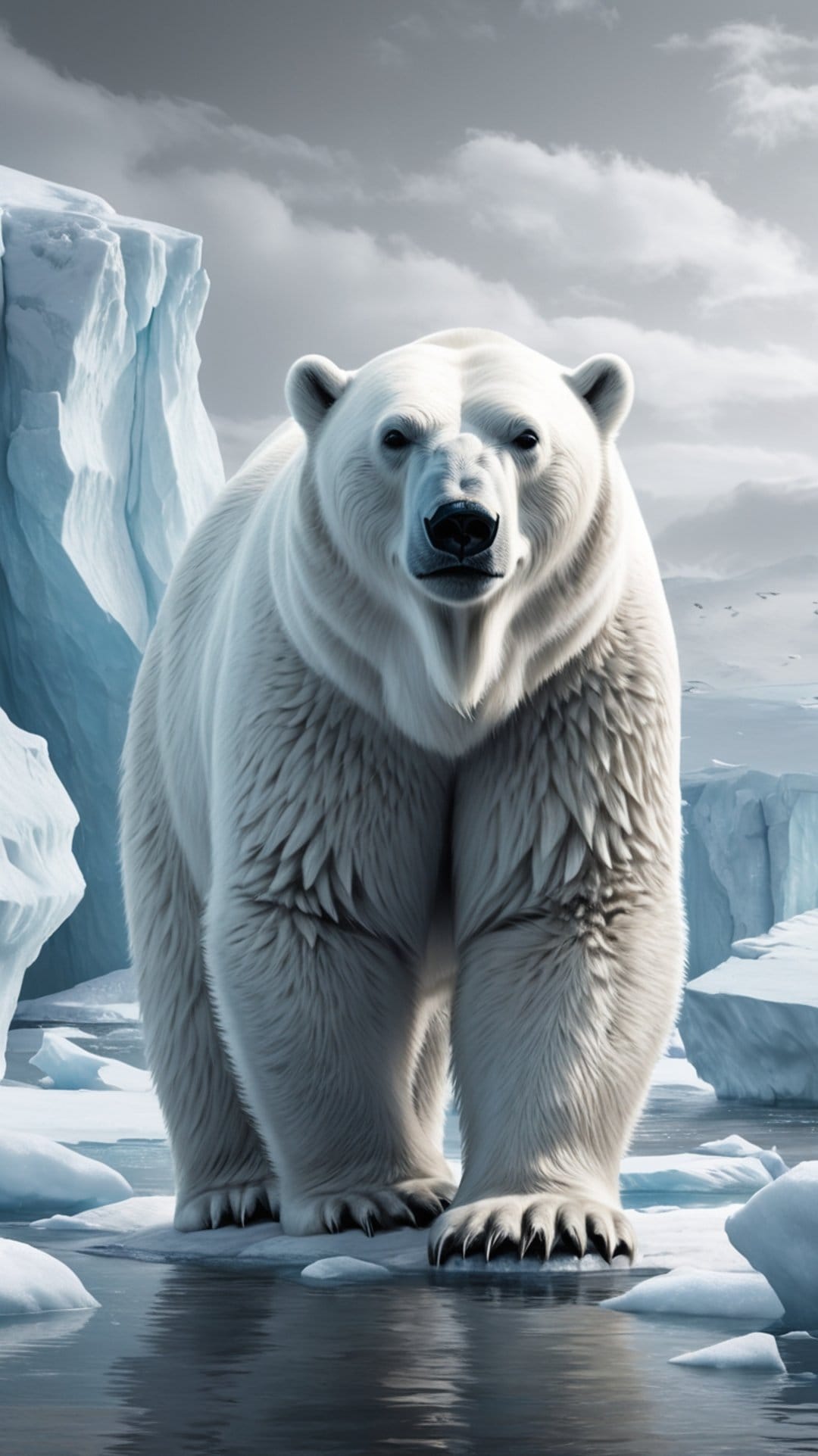 Polar bear standing on a floating ice block with distant glaciers and a pale grey sky in the background.