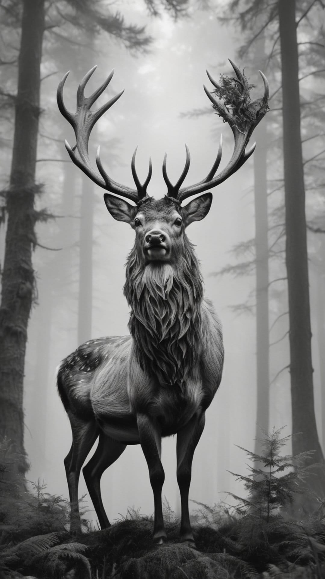 Stag with branching antlers stands in a misty forest, captured in high-contrast black and white photography.
