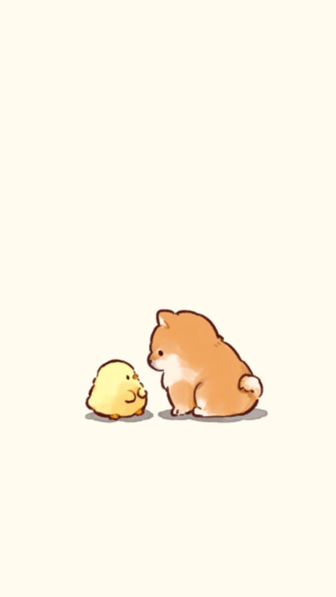 Fluffy yellow chick and plump orange Shiba Inu puppy gaze at each other against a soft, clean backdrop.