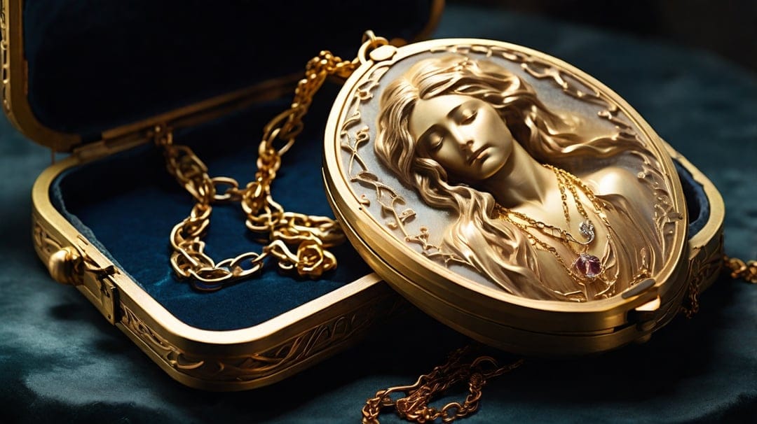 Gold oval locket with a woman's bas-relief portrait, blue interior, and ornate chain on a neutral background.