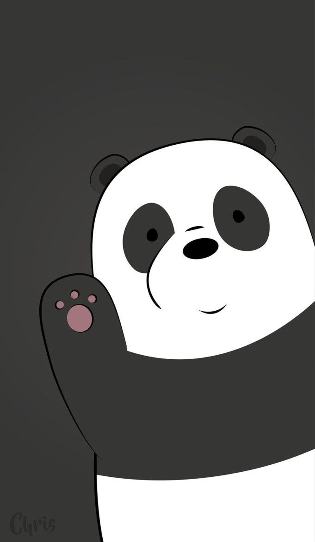 Smiling panda with pink blush on cheeks and paw waves gently against a solid dark grey background.