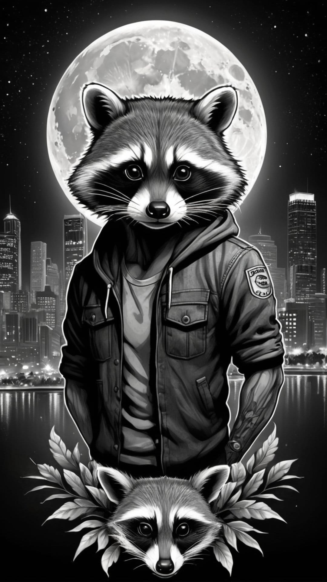 Anthropomorphic raccoon in a jacket poses before a glowing full moon and city skyline with decorative foliage.