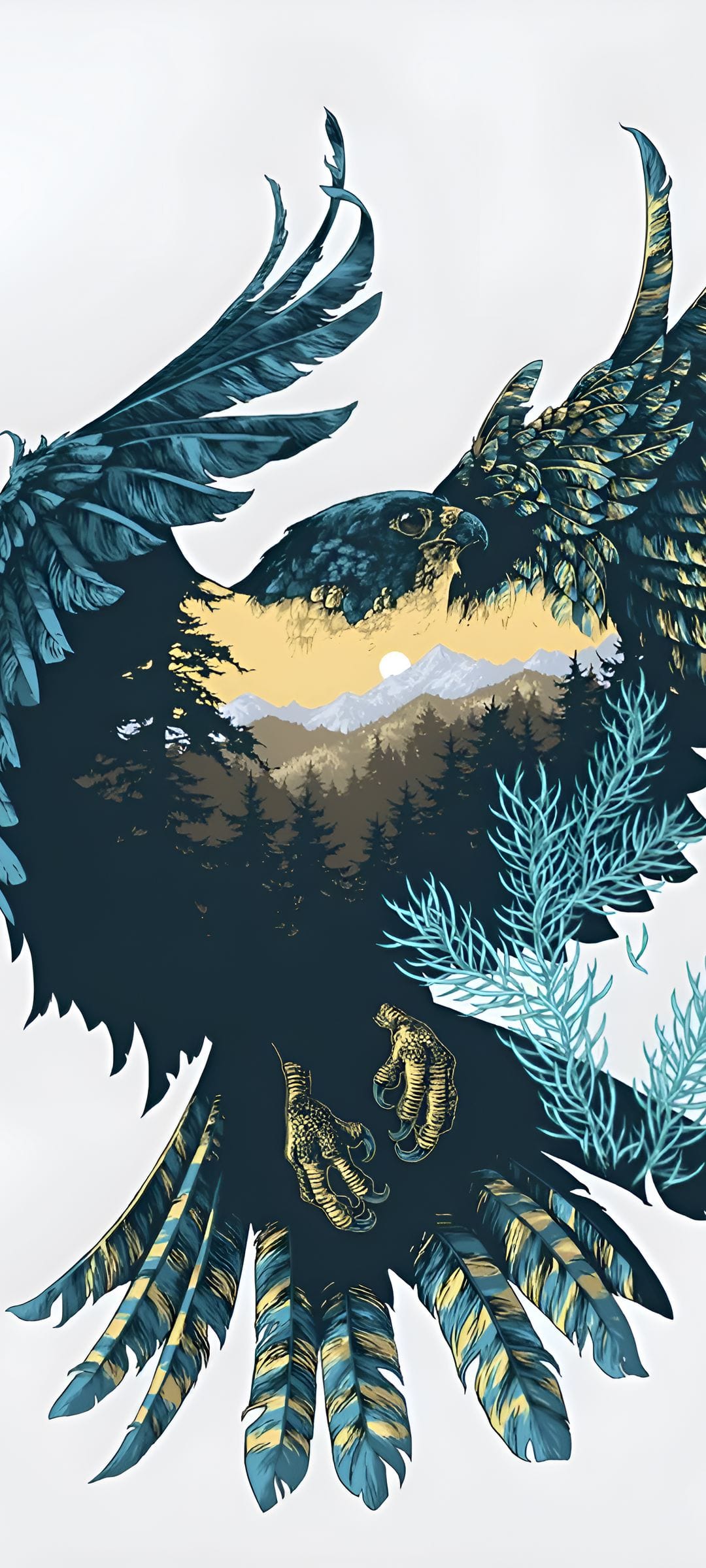 Eagle soaring with outstretched wings above a coniferous forest and mountain range during a golden sunset.