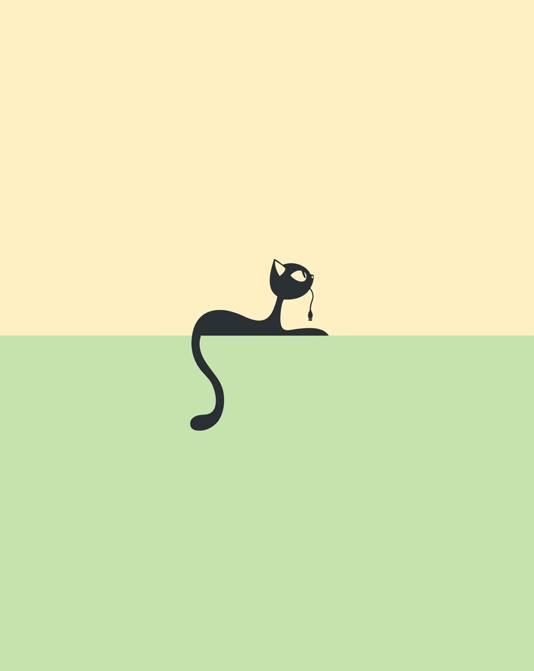 Black cat sitting on a green surface with its tail hanging down against a pale yellow and lime background.