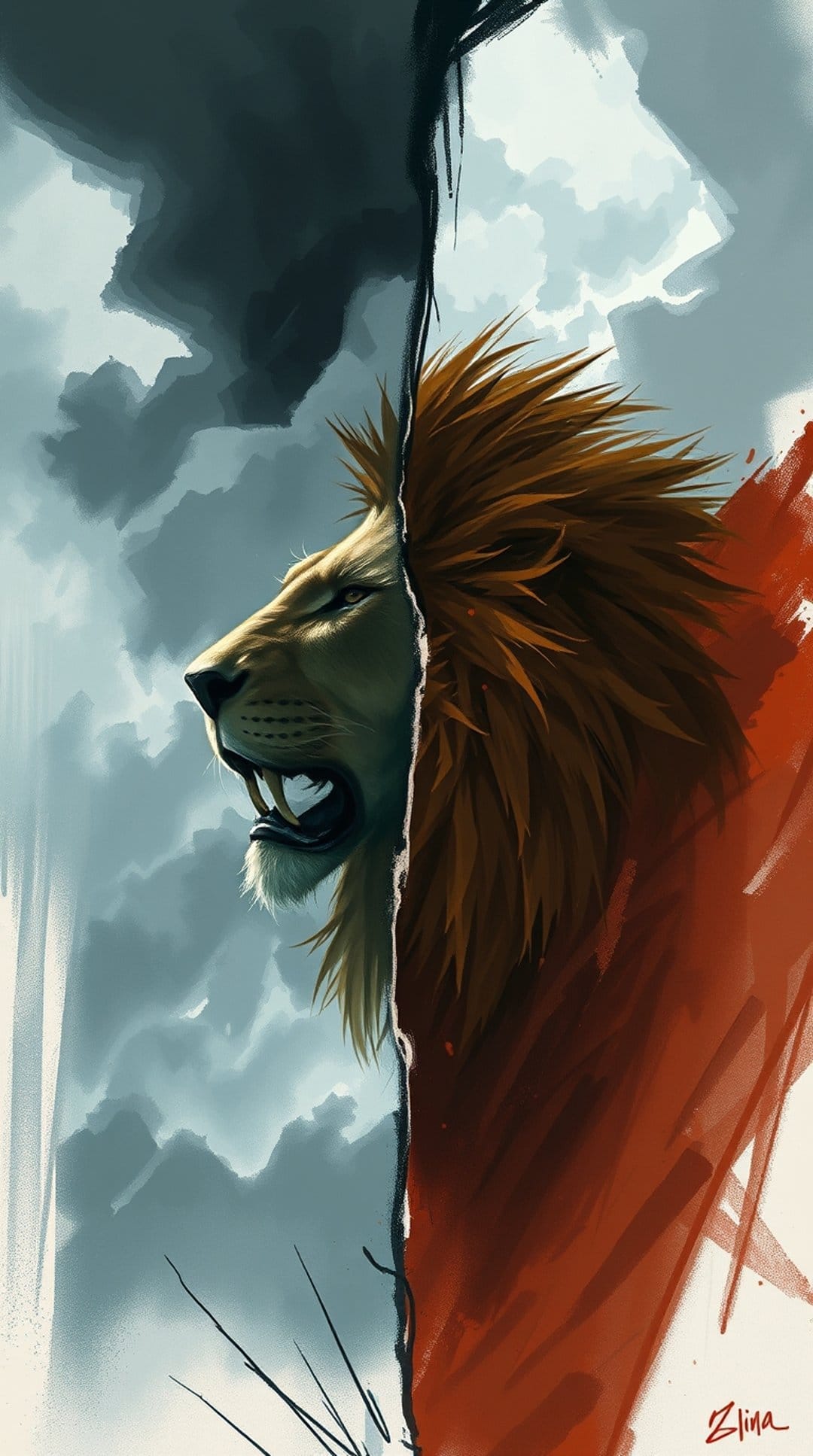 Roaring lion profile with a mane transitioning into thick red brushstrokes against a dark cloudy sky background.