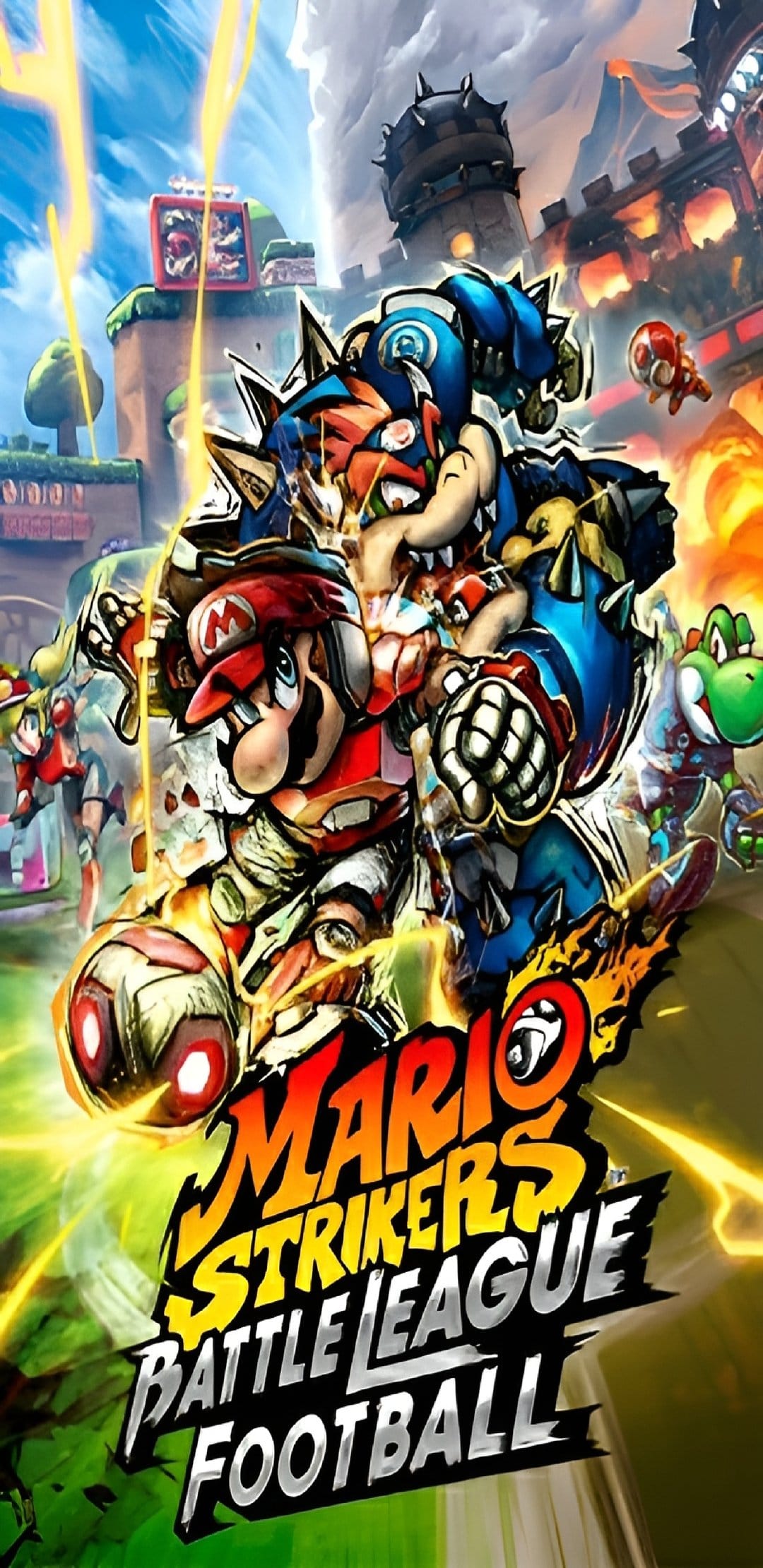 Mario kicks a glowing soccer ball while Bowser and Yoshi charge forward through sparks on a dynamic background.