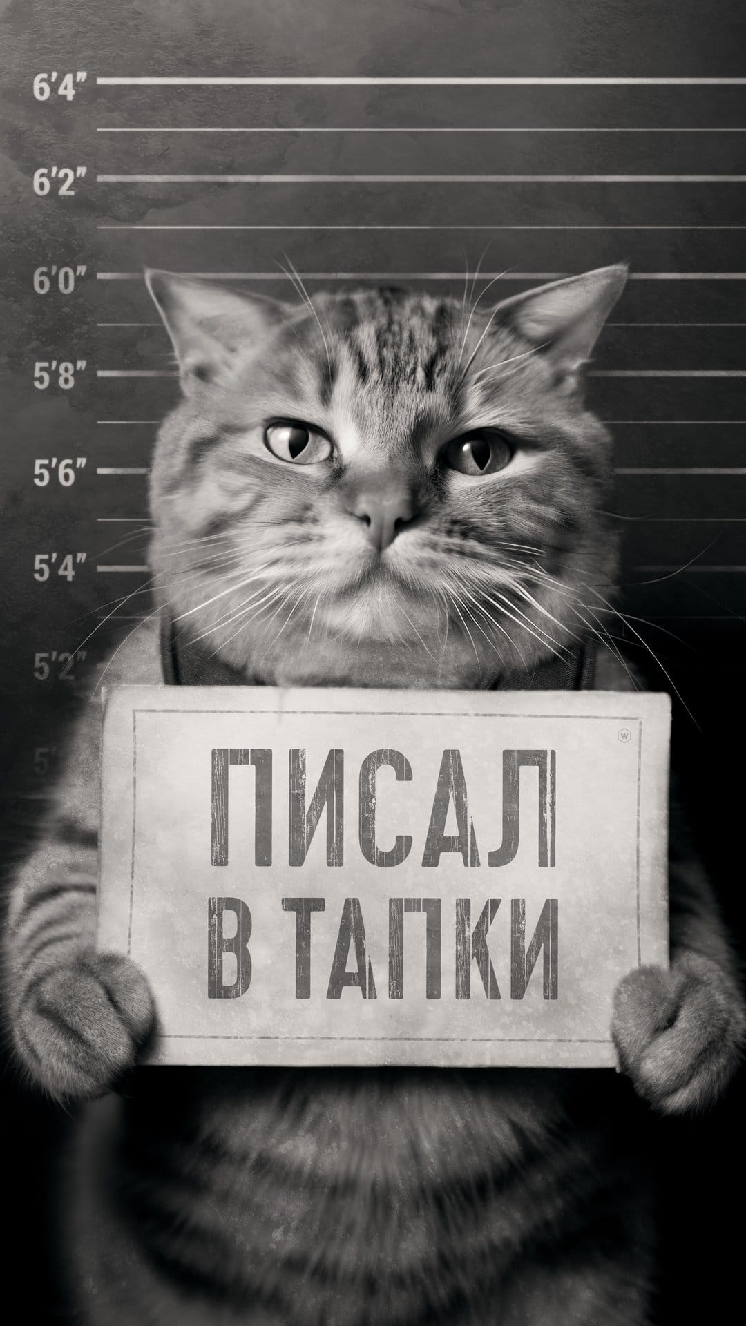Tabby cat holds a mugshot sign with Russian text against a police height lineup board in black and white.