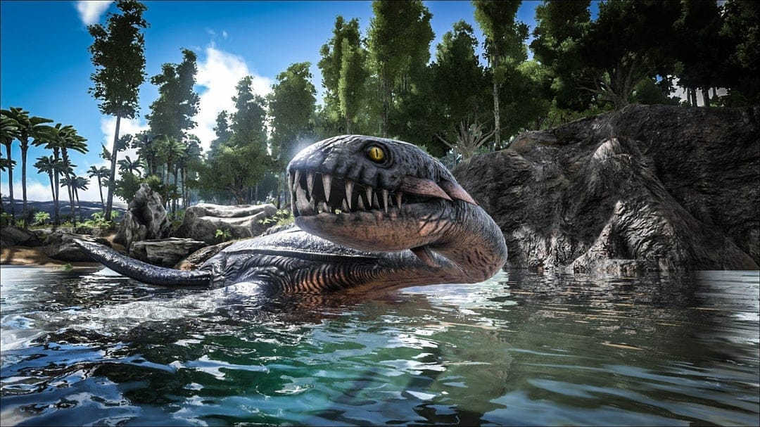Massive sea monster with sharp teeth and yellow eyes surfacing in a tropical cove with lush forest and cliffs.