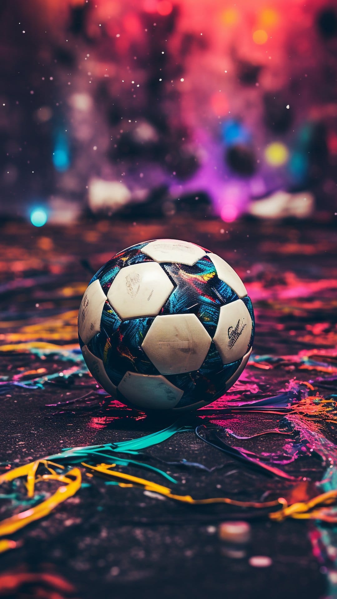 Soccer ball sits on a dark ground covered in vibrant pink and blue paint splatters with blurred bokeh lights.