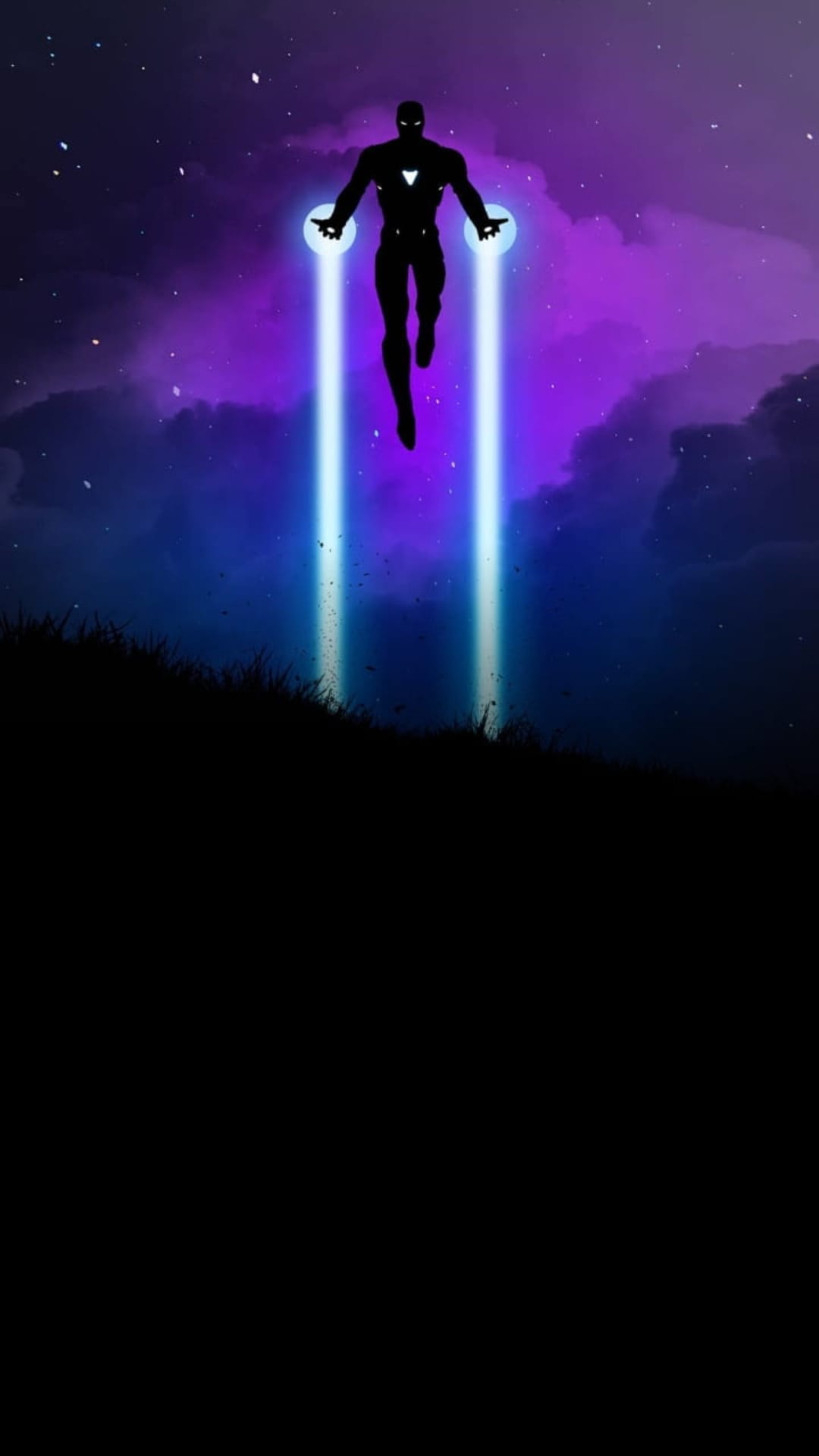Iron Man hovers in a purple nebula, firing blue repulsor beams above a dark silhouetted hill at night.