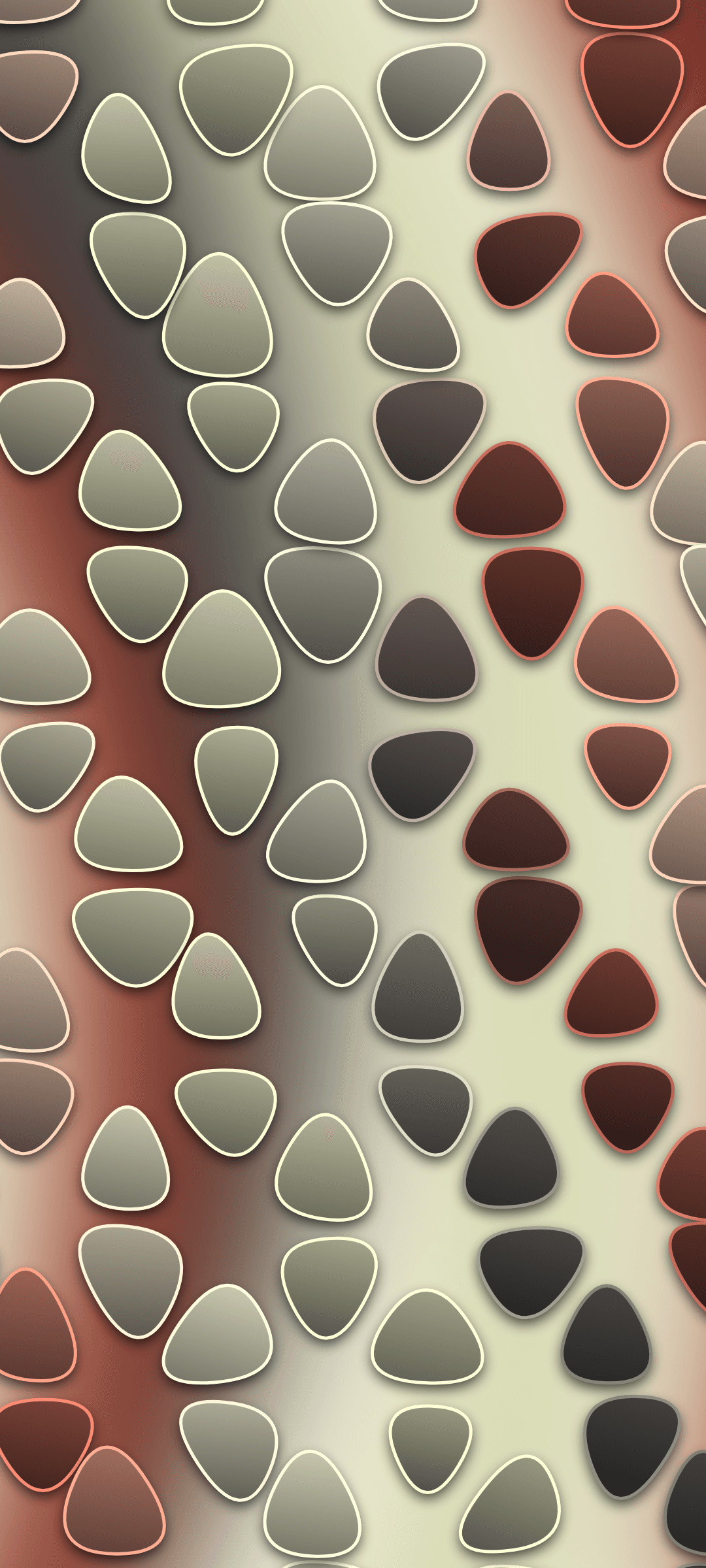 Rounded triangles in grey, beige, and red flow in a wave pattern across a soft reddish-brown gradient.
