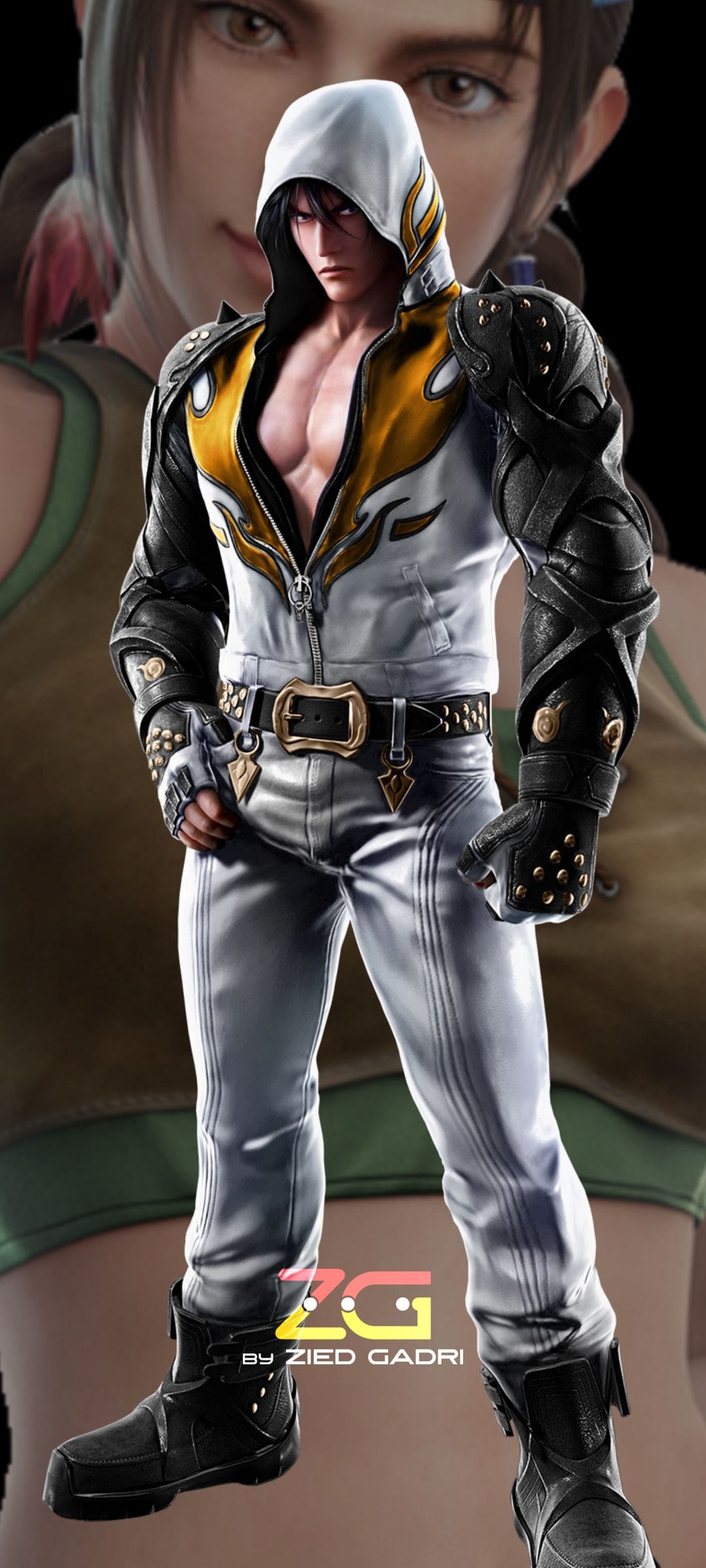 Jin Kazama in a white and gold hooded jacket with leather pauldrons and flame designs against a dark backdrop.