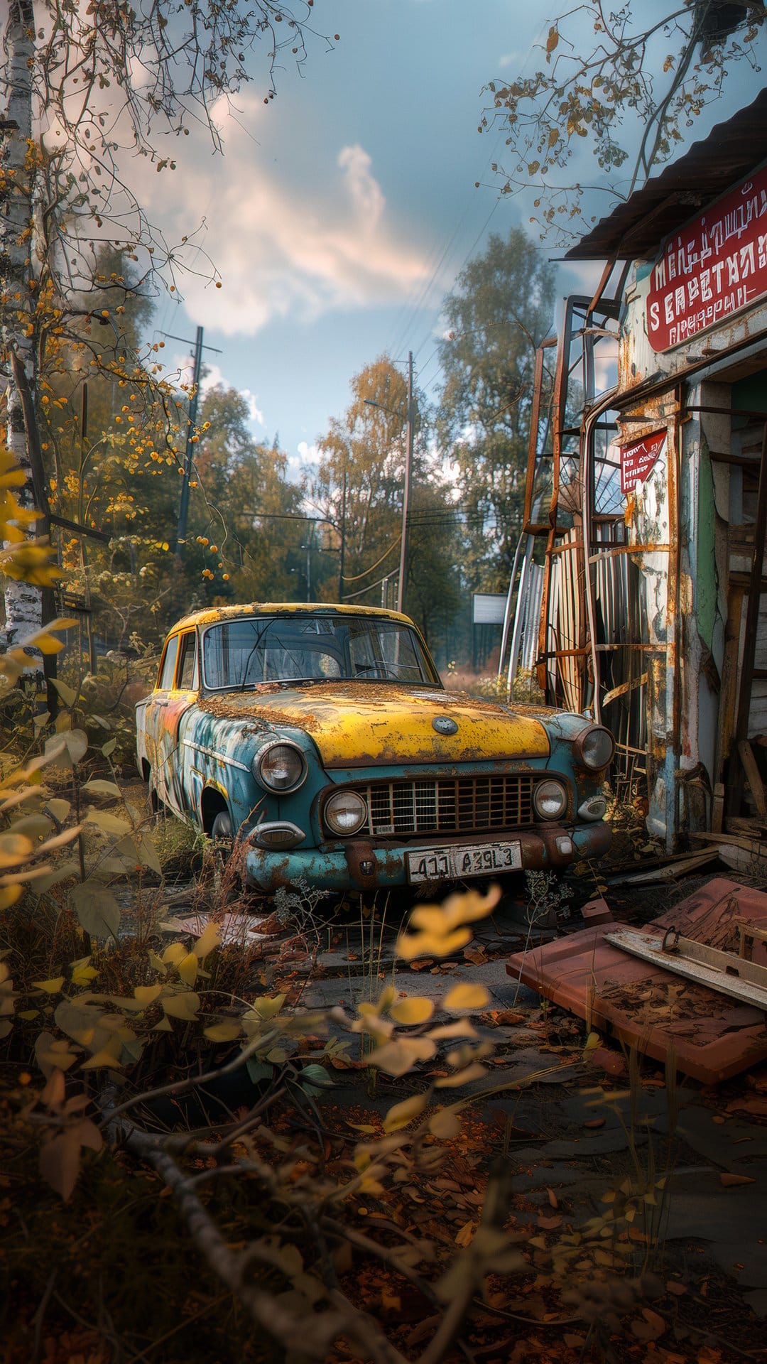 Rusted teal and yellow vintage car overtaken by orange autumn vines and foliage near a weathered wooden shed.