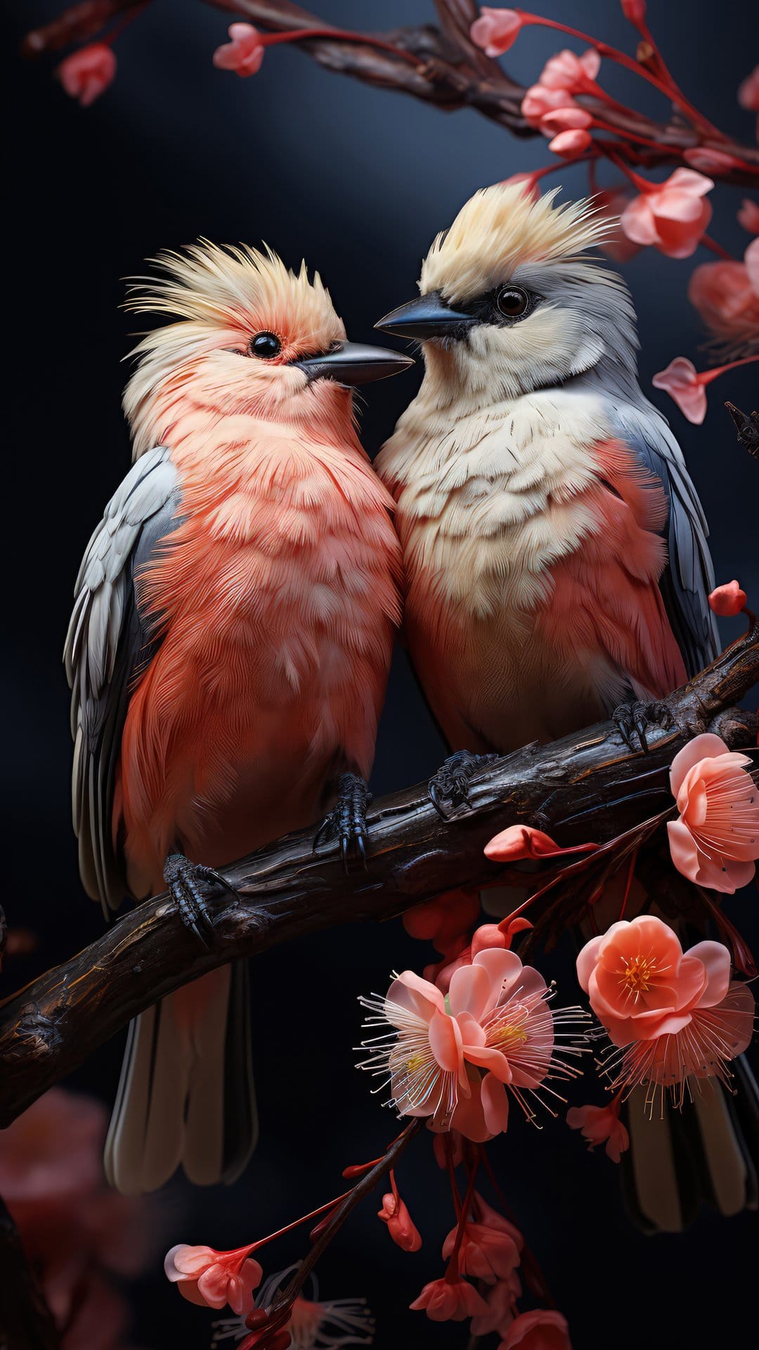 Two songbirds perch on a textured branch among pink blossoms against a dark, moody background in sharp detail.