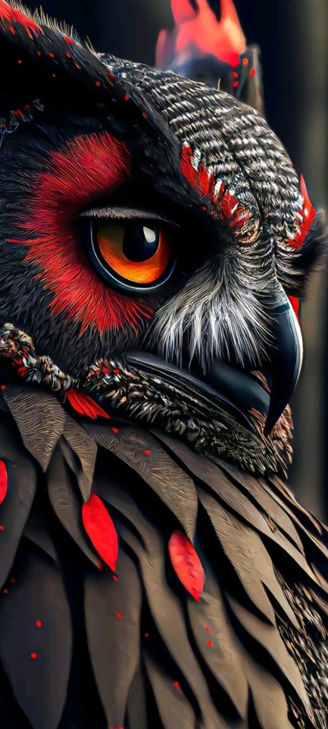 Great horned owl with black and red plumage stares intensely with a glowing orange eye against a dark background.