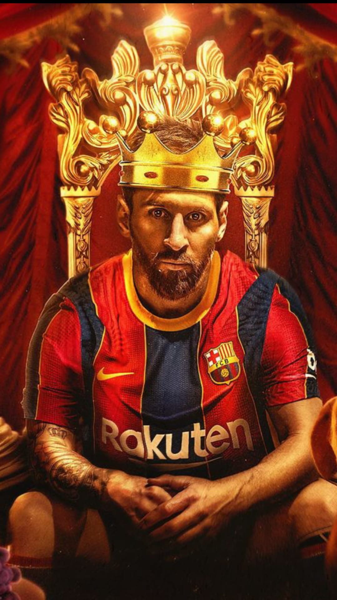 Lionel Messi wearing a crown and Barcelona jersey while seated on a golden throne before red velvet curtains.
