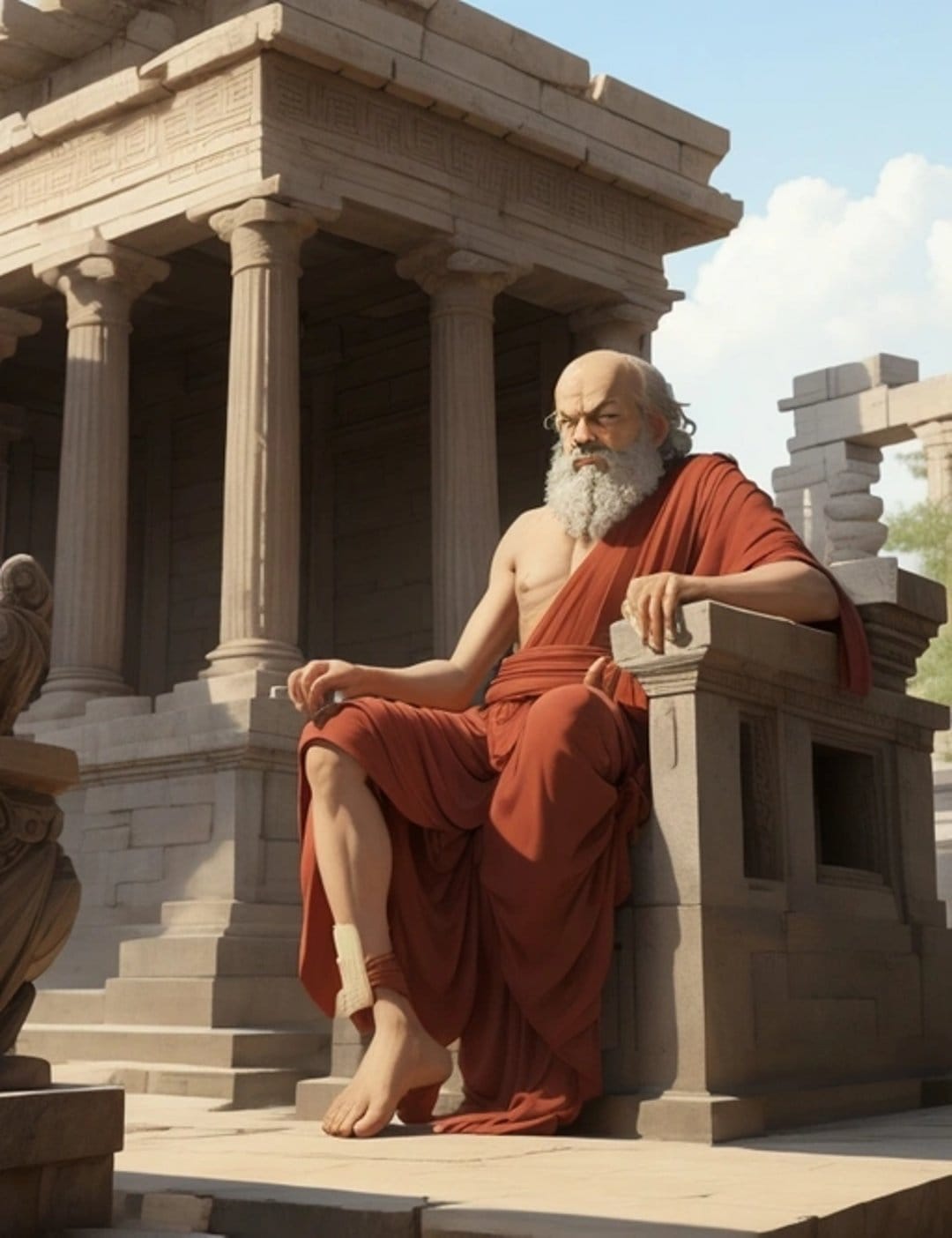 Socrates wearing a saffron robe sits within an ancient Greek stone temple with tall columns and soft shadows.
