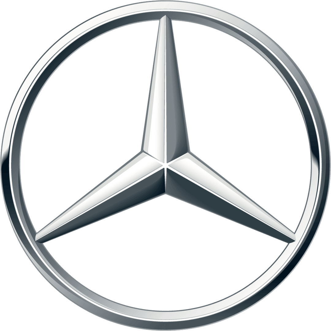 Mercedes Benz logo featuring a silver three-pointed star within a polished chrome circle on transparent background.