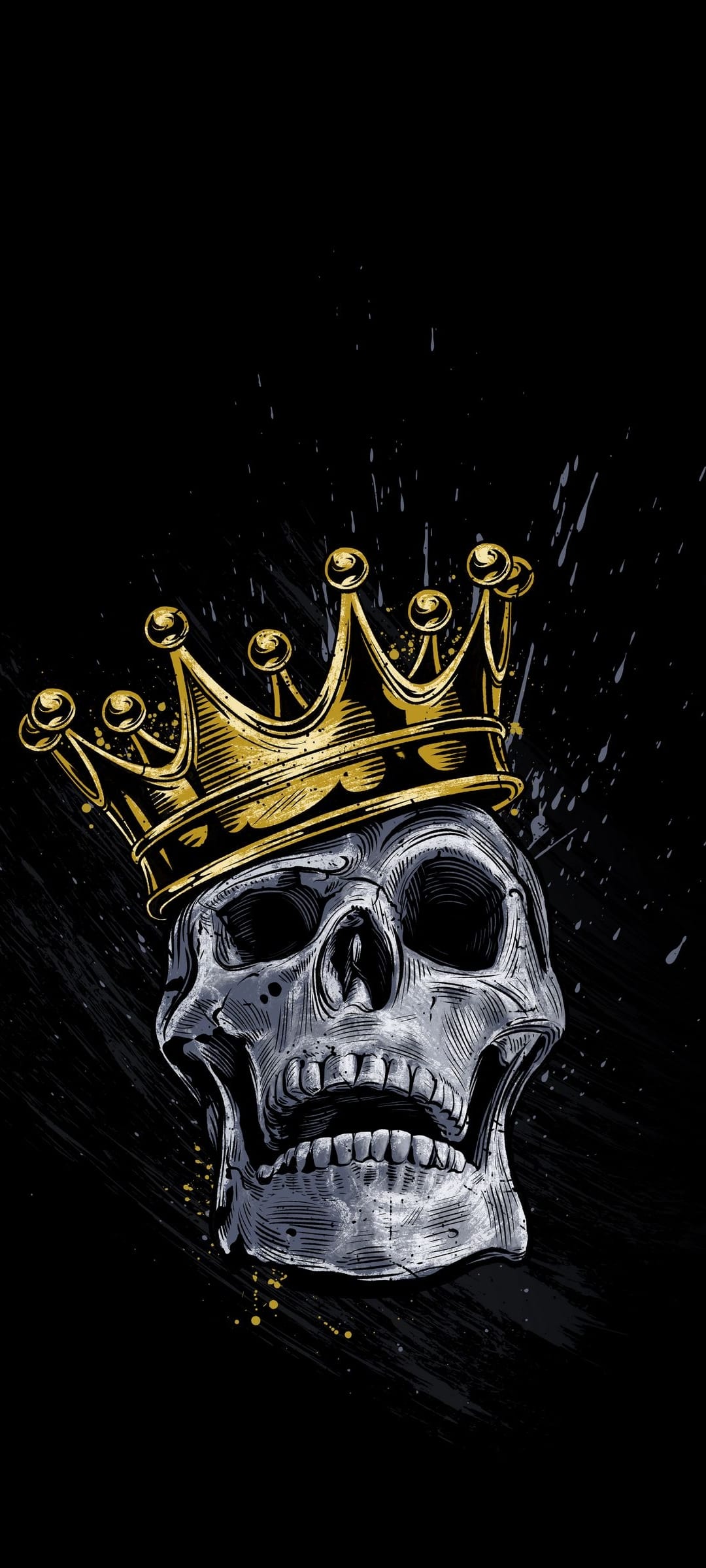 Human skull with an open jaw wearing a detailed golden crown against a black and gold splatter background.