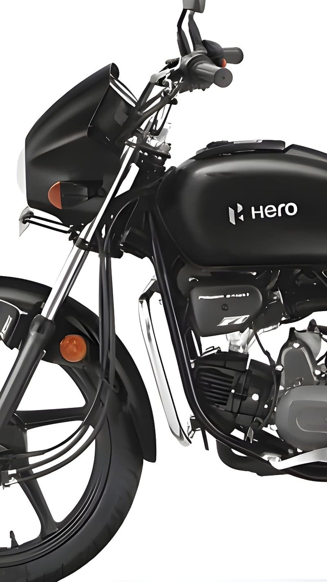Black Hero motorcycle front wheel, suspension, and engine detail on a clean white studio background.
