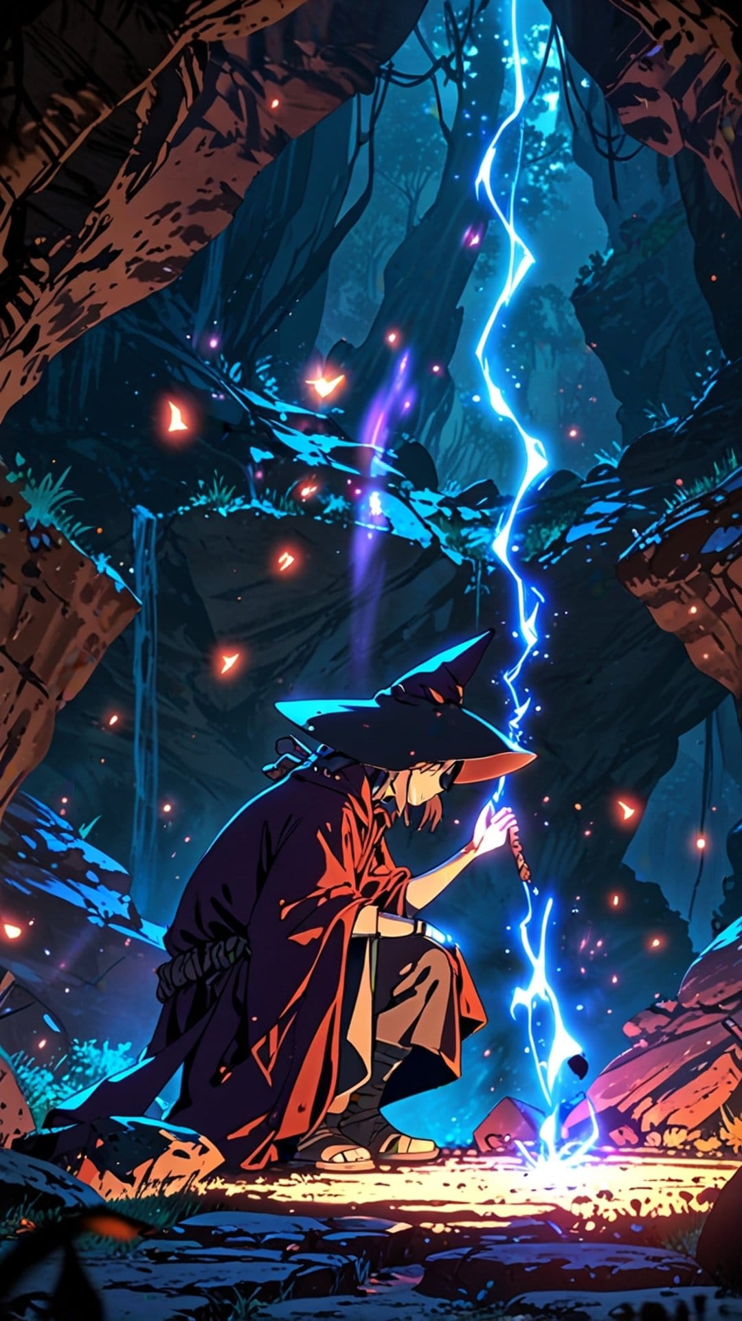 Young witch in a pointed hat kneels while casting blue lightning from a staff near a forest waterfall.
