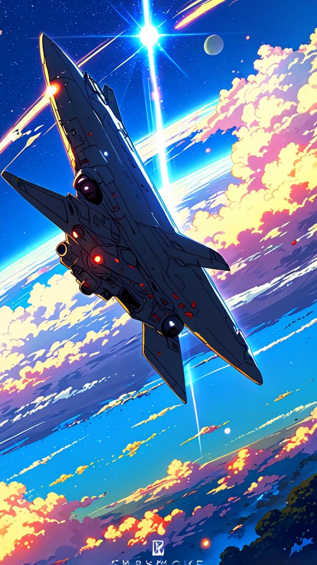Futuristic spaceship glides over orange and blue clouds with a bright moon and light trails in the starry sky.