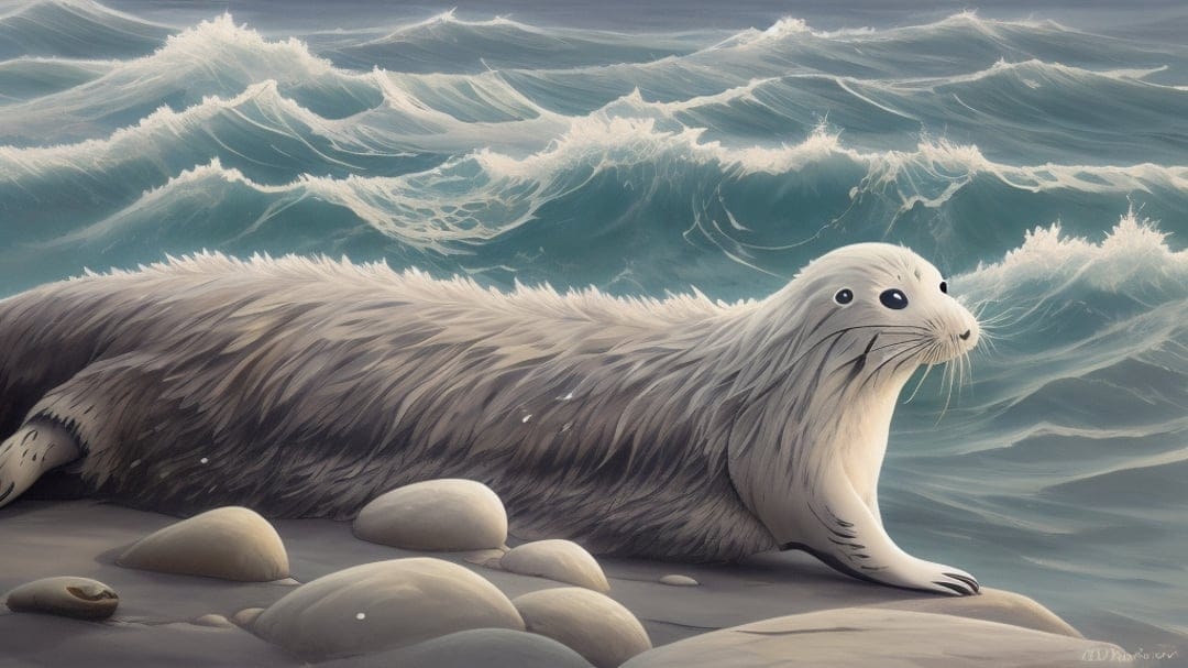 White fluffy seal rests on a pebble beach while powerful turquoise ocean waves crash with white foam behind it.