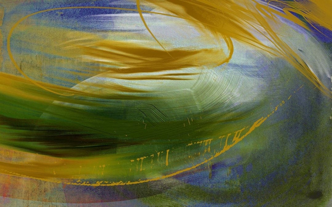 Golden yellow and emerald green paint swirls spiraling over a layered dark and light blue textured surface.