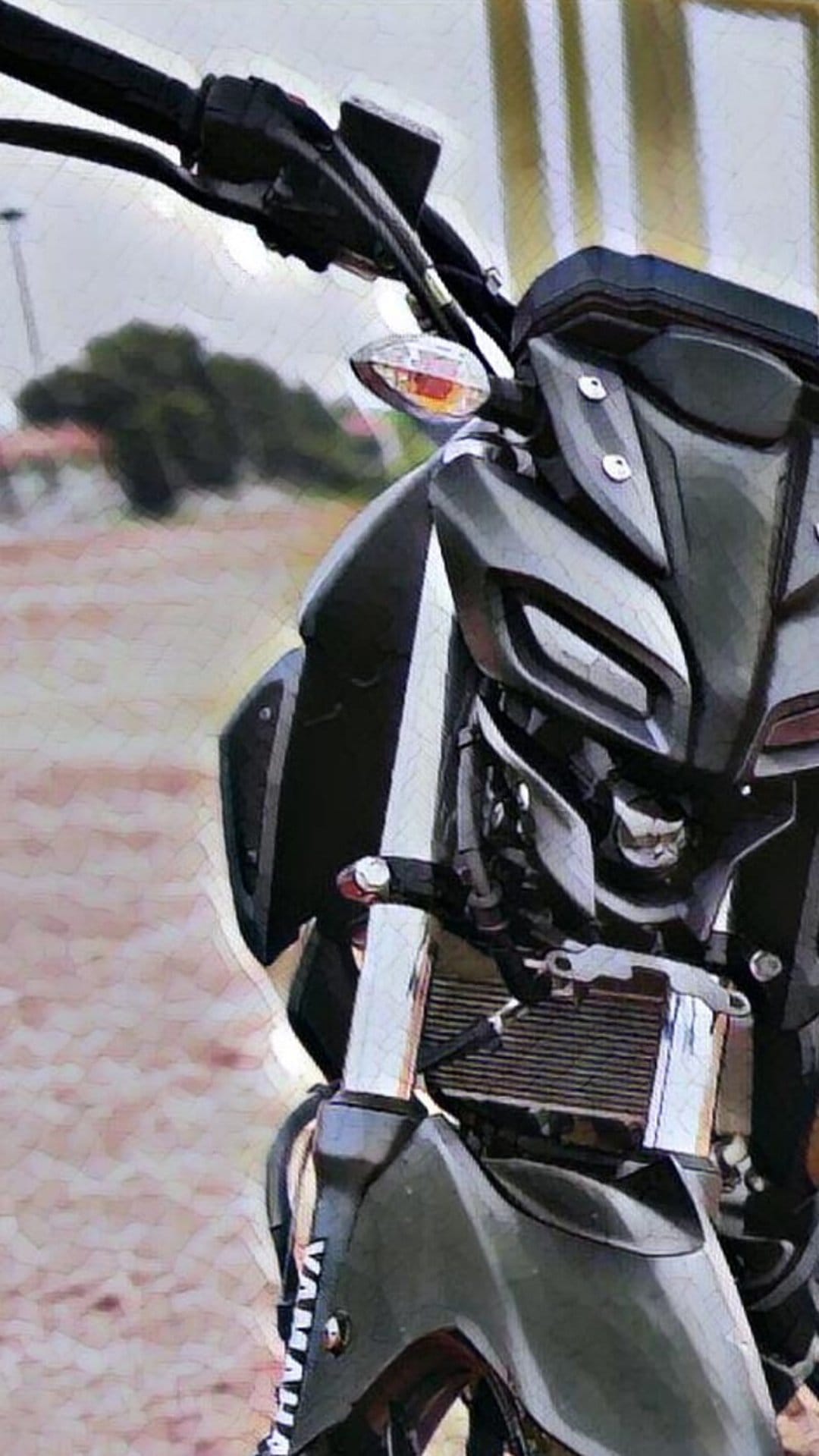 Yamaha MT-15 motorcycle front view featuring distinctive LED headlights and handlebars against a blurred background.