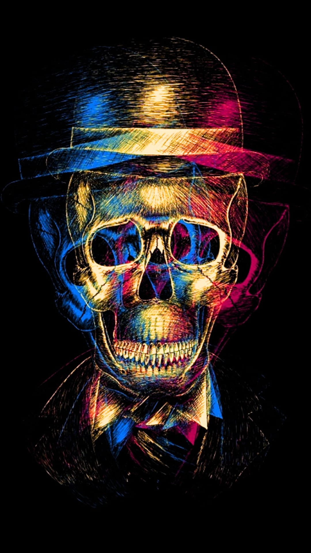 Skull wearing a bowler hat and bow tie glows with sketchy neon blue, pink, and yellow lines on a black backdrop.