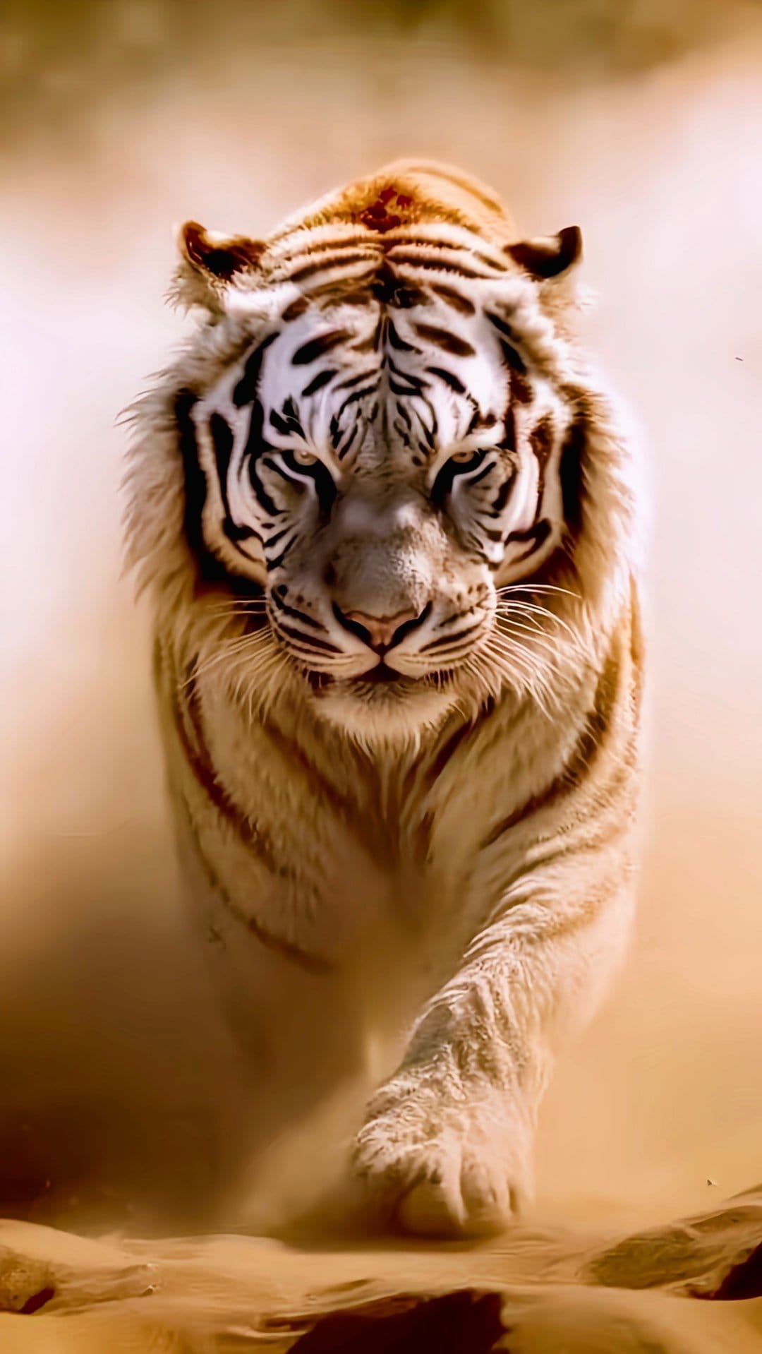 White tiger with black stripes strides through sunlit desert sands as fine dust swirls around its paws.