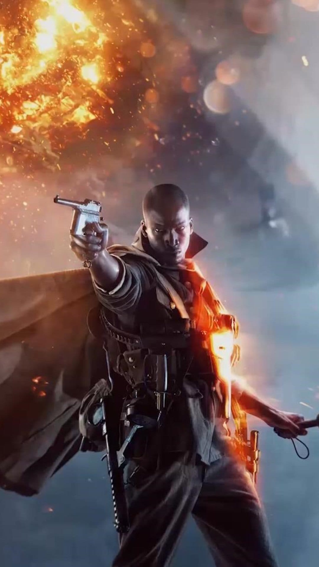 Soldier in WWI gear aims a pistol with a fiery explosion background in a cinematic action pose.