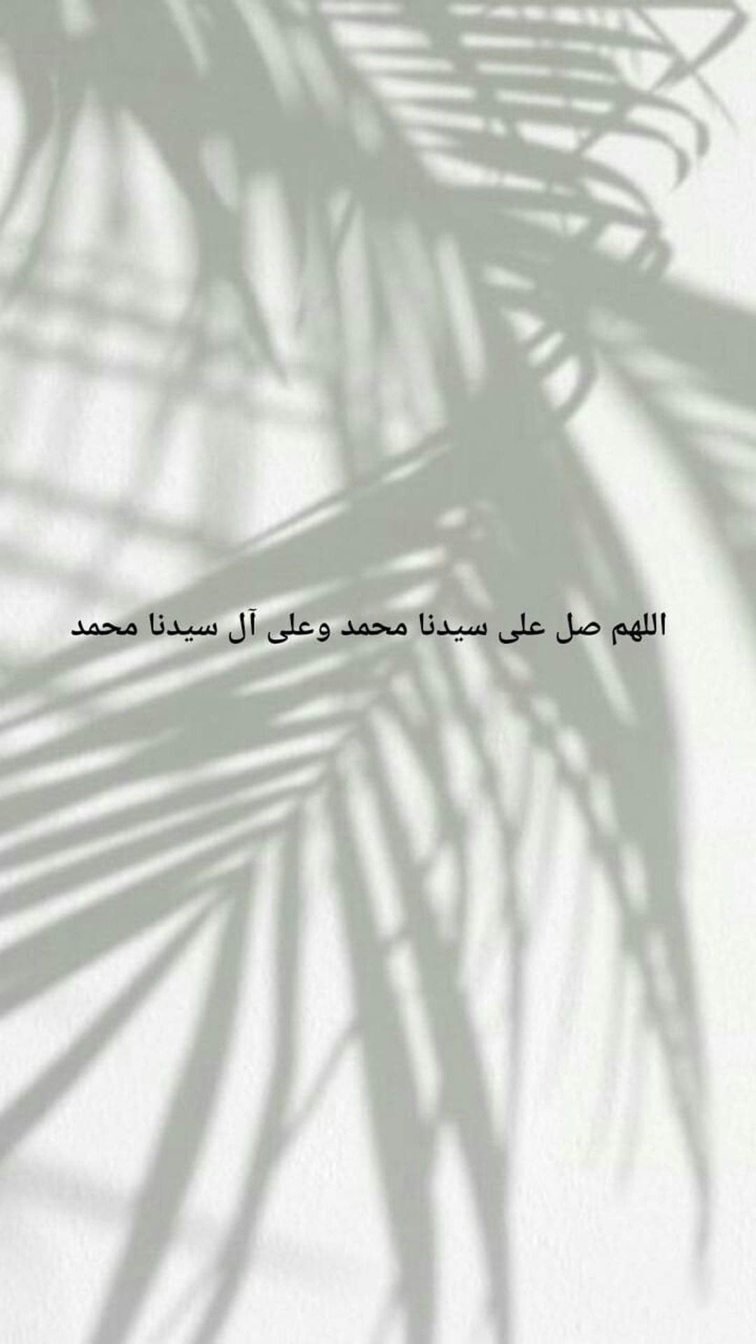Arabic Salawat calligraphy centers a peaceful scene with soft shadows of palm leaves on a neutral background.